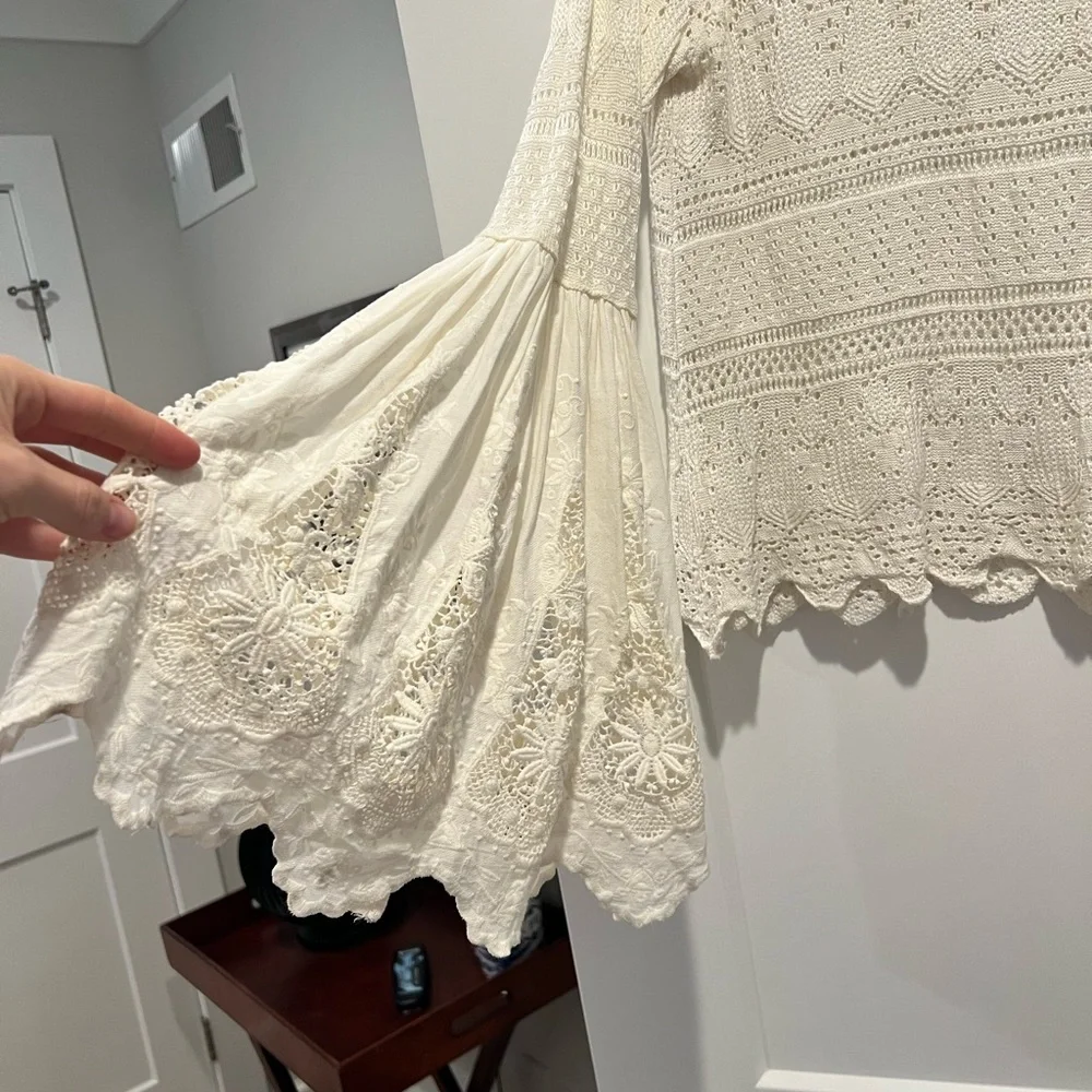 Free People Cream Crochet Lace Long Sleeve Blouse